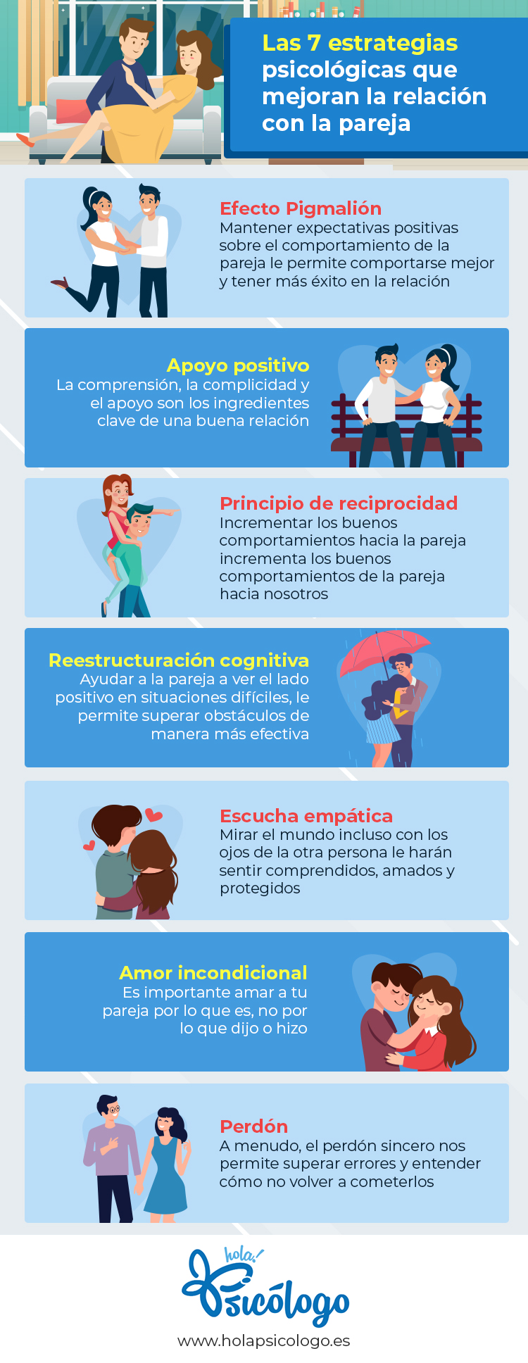 Las 7 estrategias psicologicas que mejoran la relacion con la pareja - INFOGRAFIA HolaPsicologo